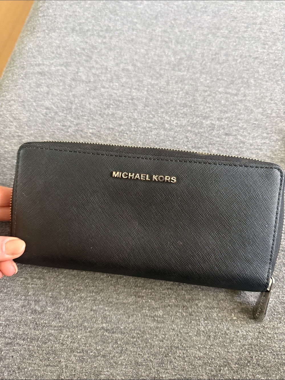 Michael Kors Black Saffiano Zip-Around Wallet with Silver Logo